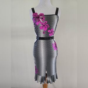 Taylor-Made Black and White Midi Dress with Pink Floral Design